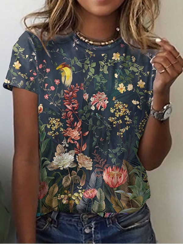 Women's Floral Theme Abstract Painting T shirt Floral Graphic Print Round Neck Basic Tops Blue Blushing Pink Black #8682712