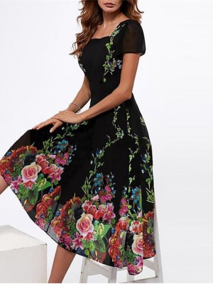 Women's A Line Dress Midi Dress Blue Black Pink Fuchsia Short Sleeve Floral Print Fall Spring Round Neck Elegant Casual 2022 S M L XL XXL 3XL #8777569