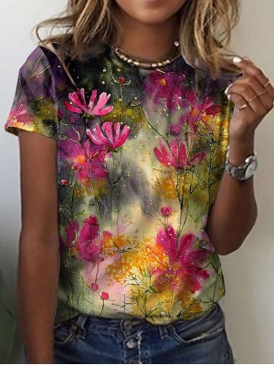 Women's Floral Theme Painting T shirt Floral Print Round Neck Basic Tops Yellow / 3D Print #8980947