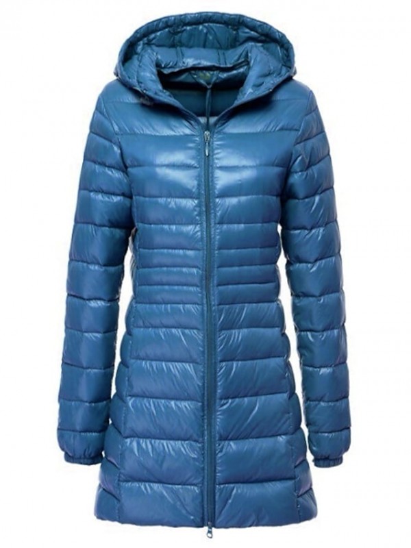 Women's Puffer Jacket Solid Color Basic Fall Outerwear Hooded Long Street Long Sleeve 416 Lake blue / Daily / Casual / Windproof #8492020