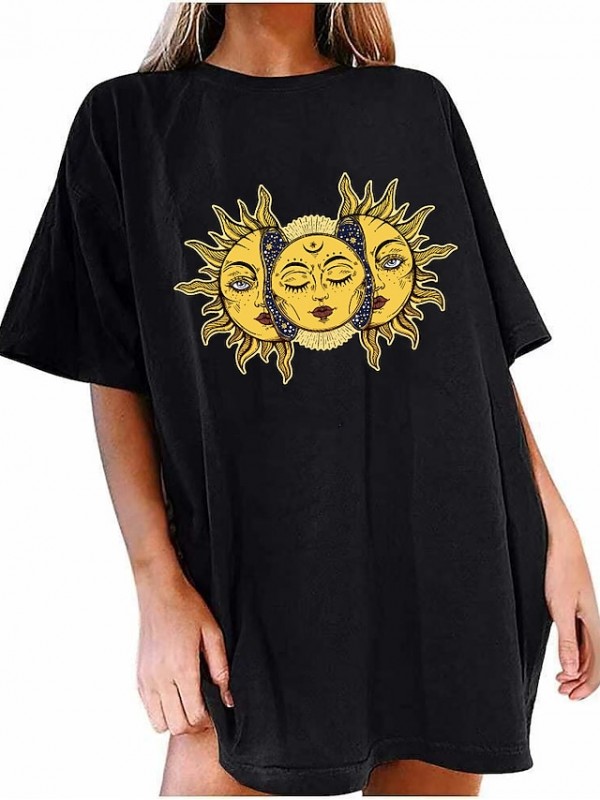 tops oversized t-shirts women's sun moon series short sleeve blouse sports sleep tops teenager girls summer crew neck tunic vintage unisex sweatshirt women summer sports shirt tee beach blouses #8608050