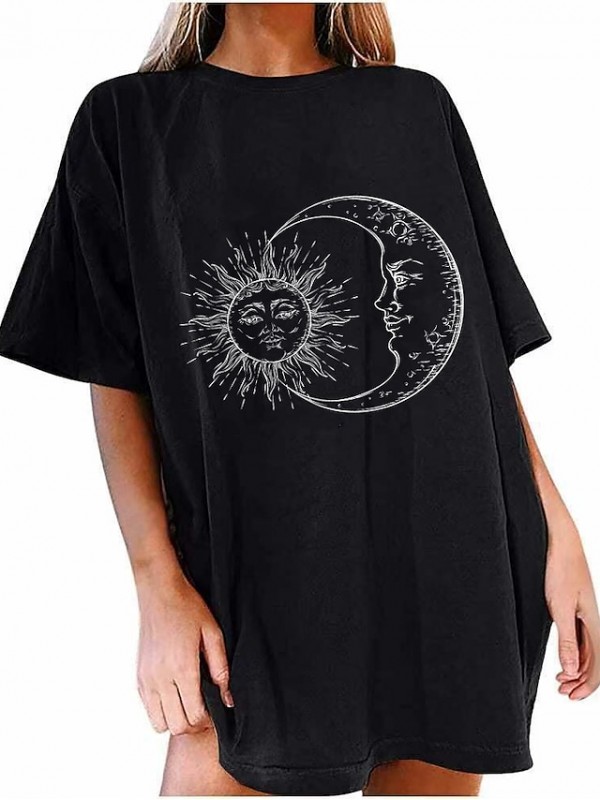 tops oversized t-shirts women's sun moon series short sleeve blouse sports sleep tops teenager girls summer crew neck tunic vintage unisex sweatshirt women summer sports shirt tee beach blouses #8608050