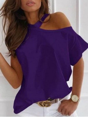 Women's T shirt Solid Colored Round Neck cold shoulder Basic Tops Loose Purple Black Green #8059302