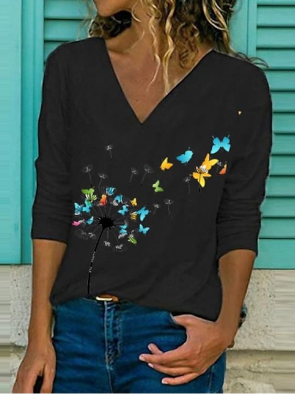 Women's T shirt Floral Butterfly Flower Long Sleeve Print V Neck Basic Tops Blue Gray White #8193482