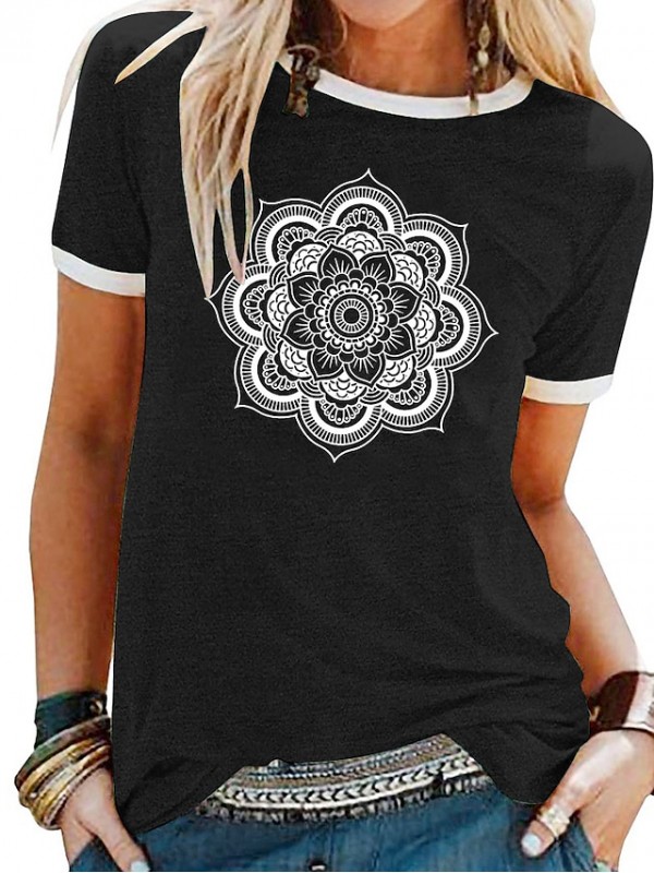 Women's T shirt Floral Graphic Patchwork Print Round Neck Basic Tops Green Blue Black #9027475