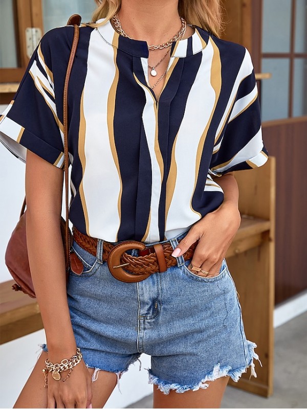 Women's Blouse Shirt Striped Color Block Print V Neck Casual Streetwear Tops Navy Blue #8986568