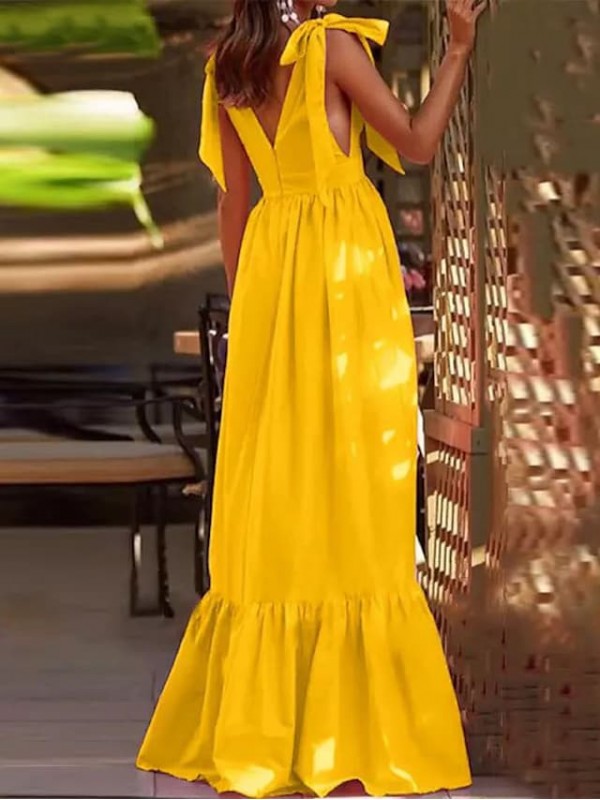 Women's A Line Dress Maxi long Dress Blue Pink Yellow Sleeveless Solid Color Lace up Fall Summer V Neck Elegant Casual Party 2022 S M L XL / Party Dress #8832872