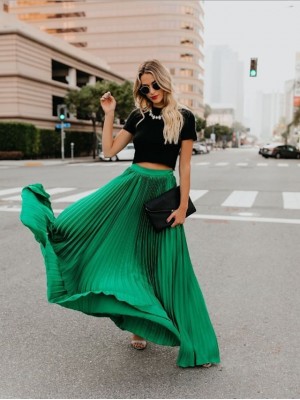 Women's Elegant Streetwear Swing Ankle-Length Skirts Street Holiday Solid Colored Pleated Mid Waist Green Black Pink S M L / Maxi / Micro-elastic #7593777