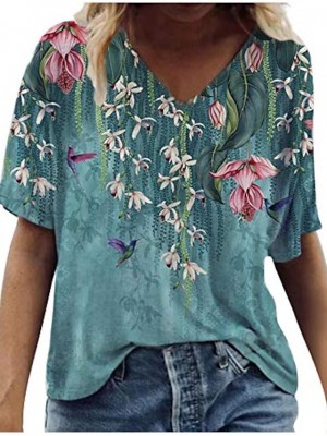 Women's Floral Theme T shirt Graphic Florals V Neck Basic Tops Floral blue Willow Green Blushing Pink #8607655