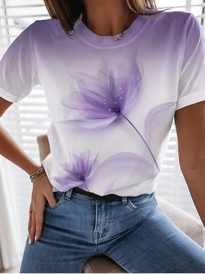 Women's Floral Theme Painting T shirt Floral Print Round Neck Basic Tops Green Blue Purple / 3D Print #9015314