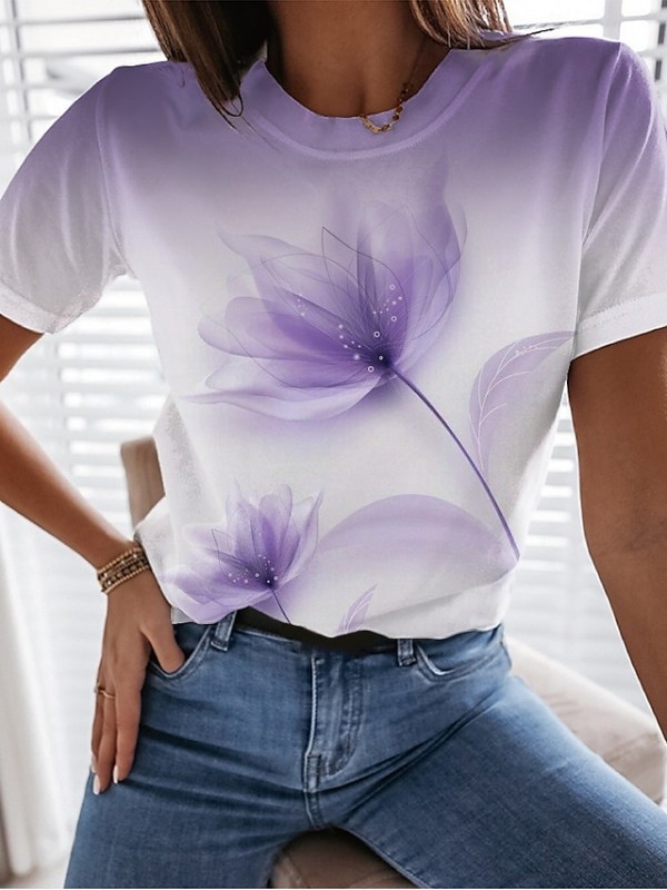 Women's Floral Theme Painting T shirt Floral Print Round Neck Basic Tops Green Blue Purple / 3D Print #9015314